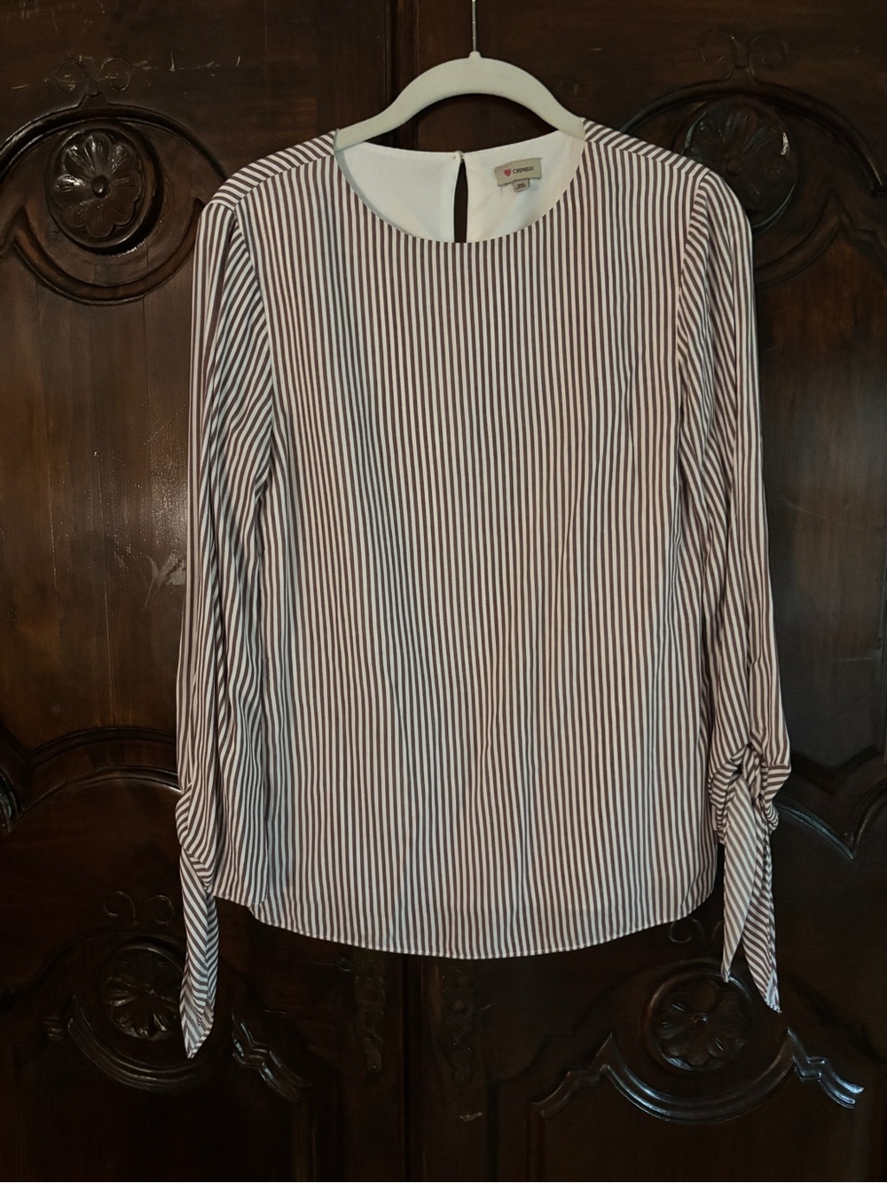 Daniel Cremieux Striped Long-Sleeve Tie-Cuff Blouse - White and Brown